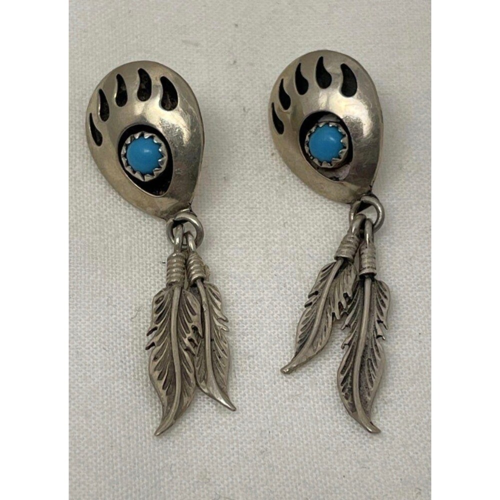 Vintage Sterling Silver Bear Paw Genuine Turquoise Feather Dangle Earrings